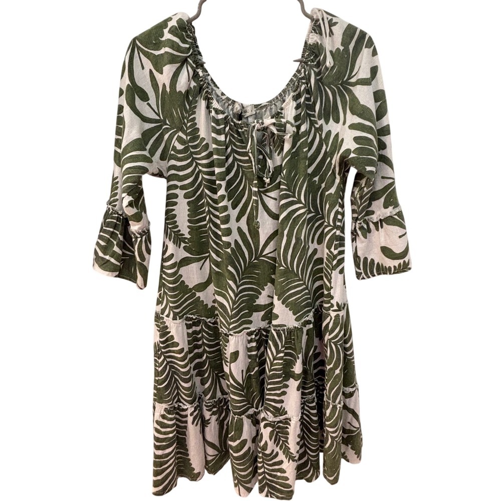 La piccola Creativa Italy‎ Linen Viscose Green Palm Tiered Dress S NWT